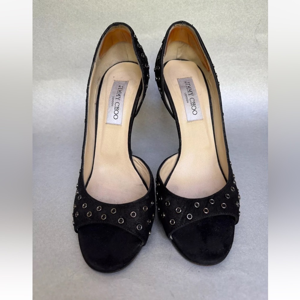 Jimmy Choo London Sz 8.5 EU 39 Black Open Toe Heel Pumps Party Formal - Picture 3 of 8